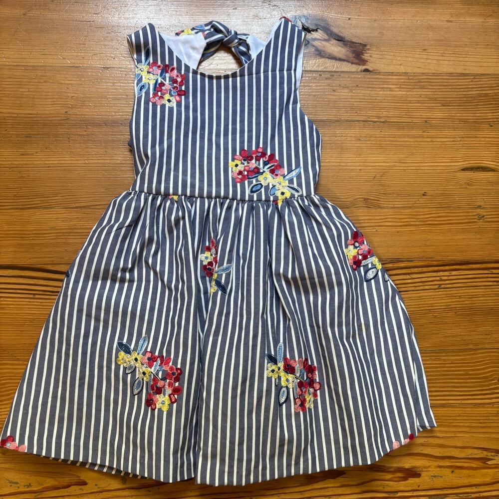 Rare Editions blue white striped embroidered floral tank girls dress‎ SIZE 7